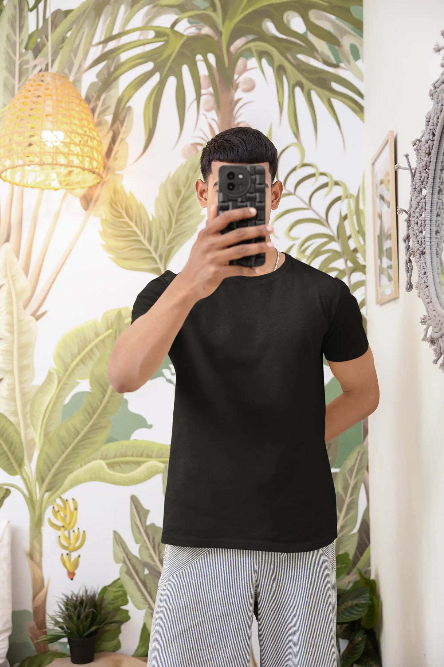 view of black unisex cotton t-shirt