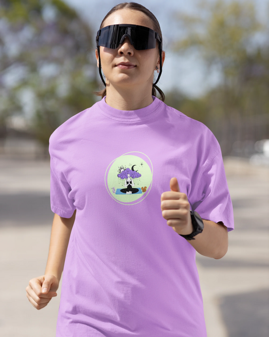 Women's lavender meditation graphic tee for yoga and mindfulness