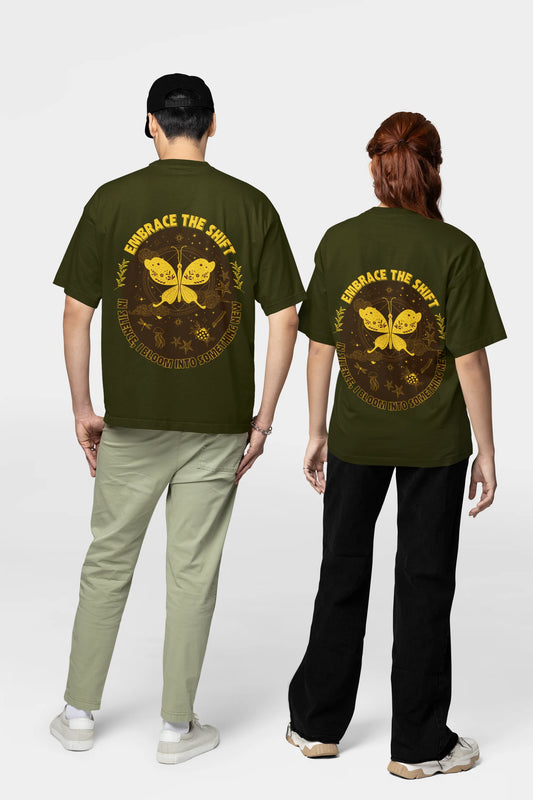 metamorphosis oversized bottle green t shirt butterfly celestial design