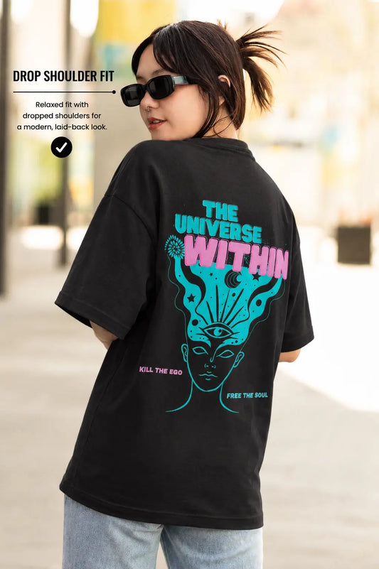 Cosmic graphic print with third eye artwork on oversized t-shirt