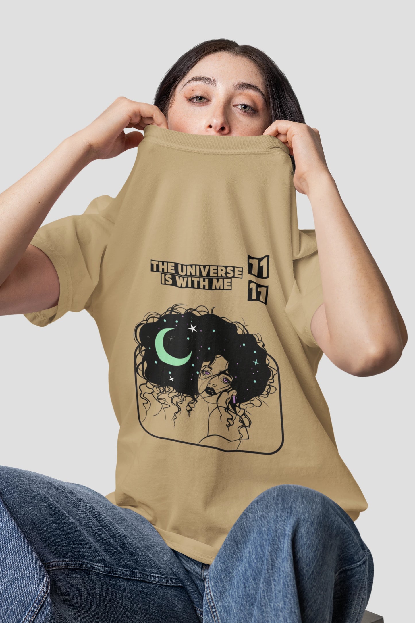 1111 angel number oversized beige t shirt women cosmic graphic