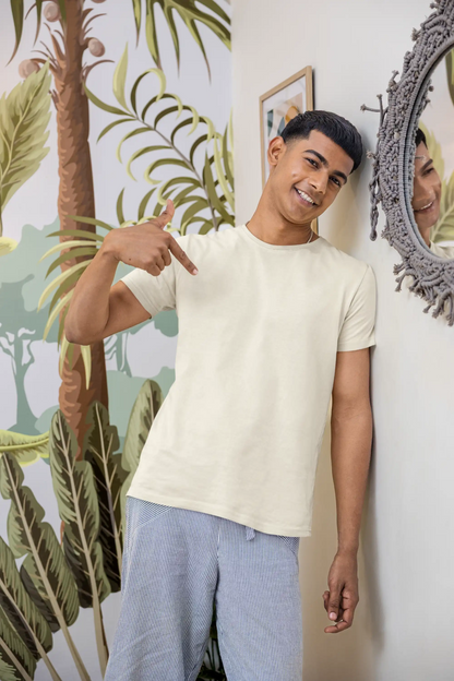 Model wearing premium off white regular fit t-shirt