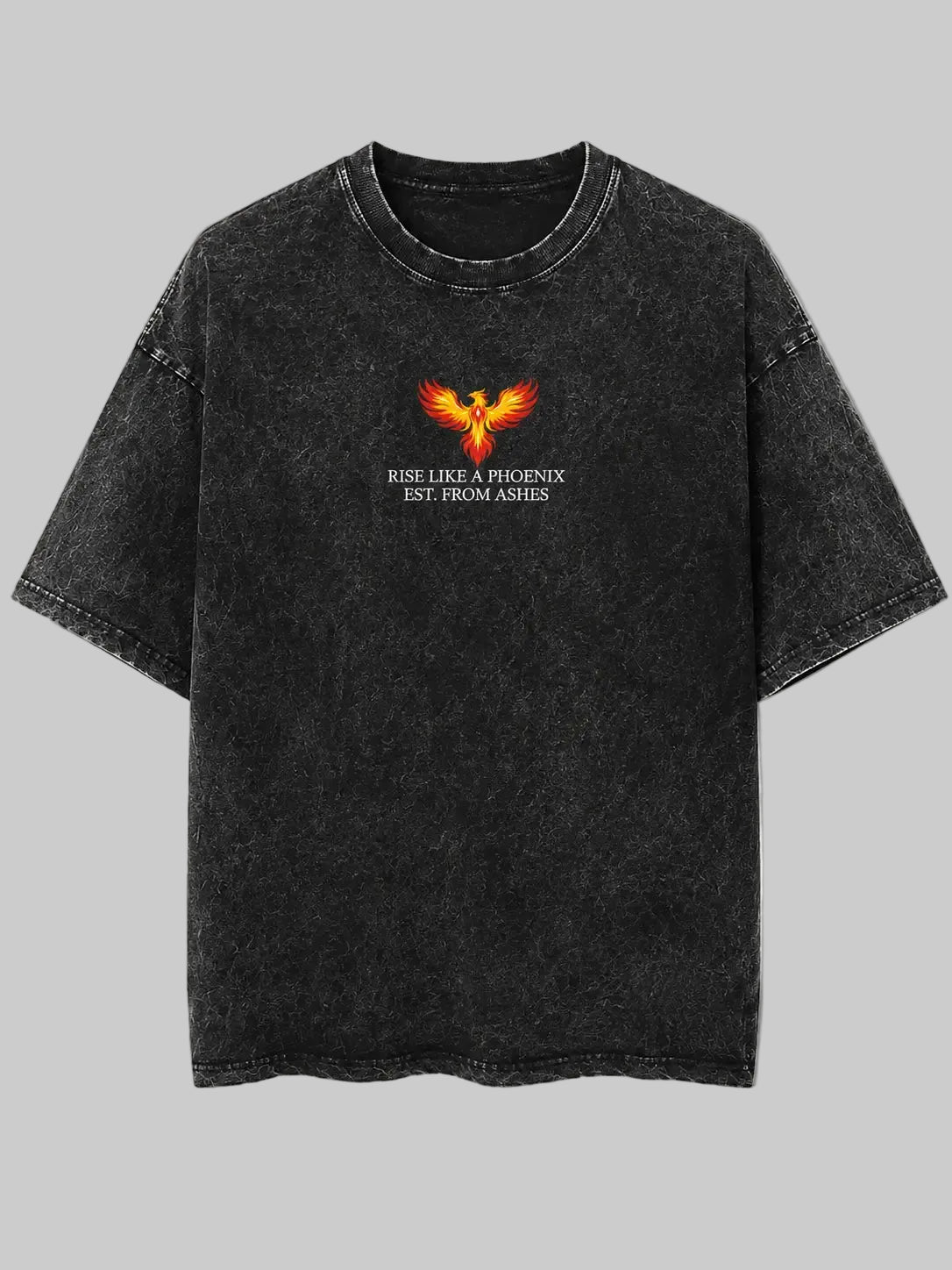 Rise Like A Phoenix FRONTprint on oversized black t-shirt