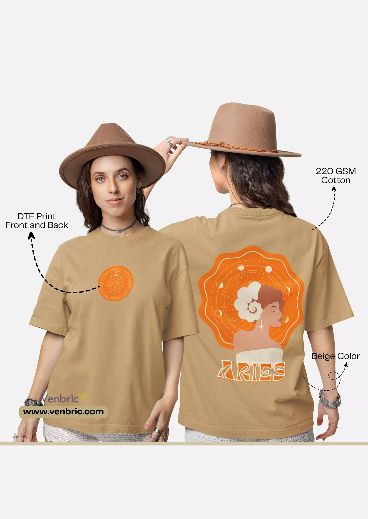 aries zodiac graphic oversized beige t shirt for women celestial print