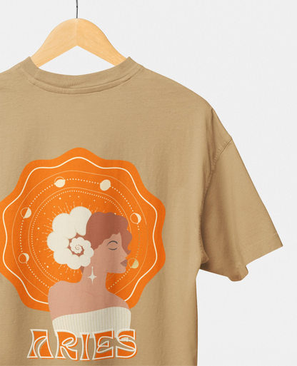 aries zodiac graphic oversized beige t shirt for women celestial print