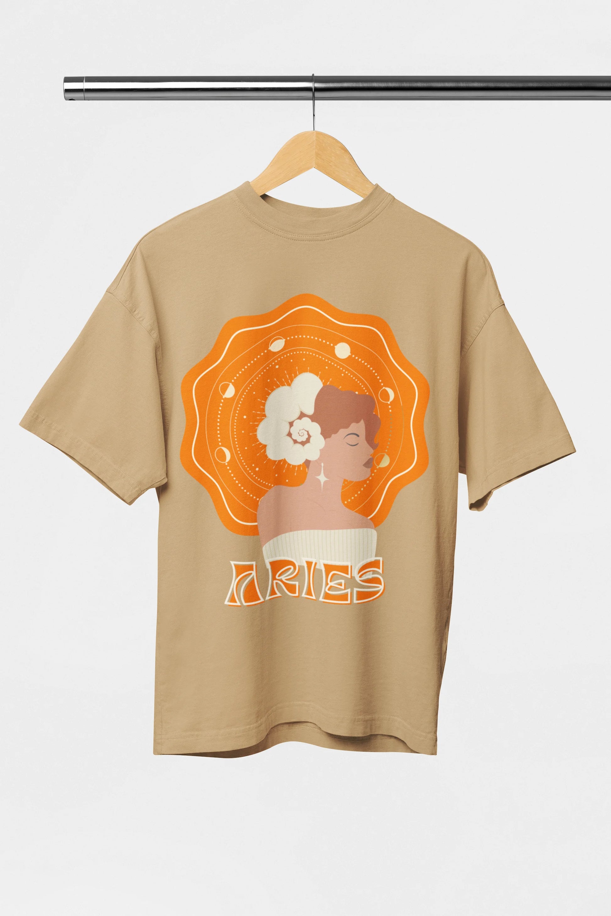 aries zodiac graphic oversized beige t shirt for women celestial print