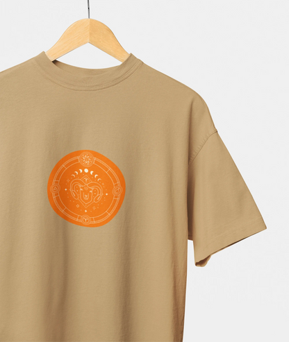 aries zodiac graphic oversized beige t shirt for women celestial print