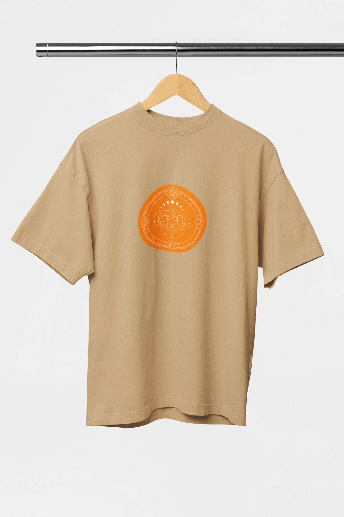 aries zodiac graphic oversized beige t shirt for women celestial print