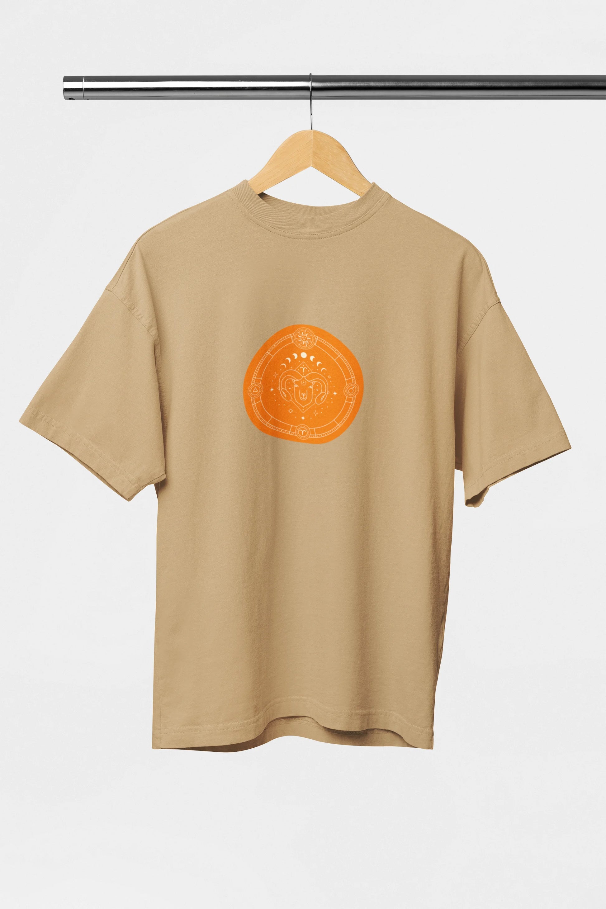 aries zodiac graphic oversized beige t shirt for women celestial print