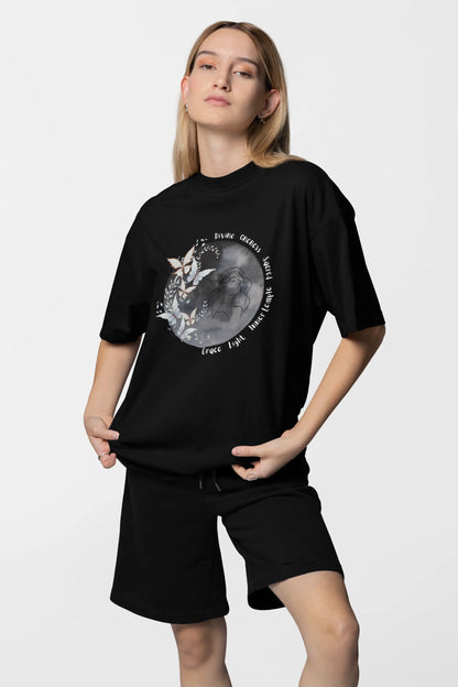 Woman wearing celestial moon oversized t-shirt aesthetic outfit