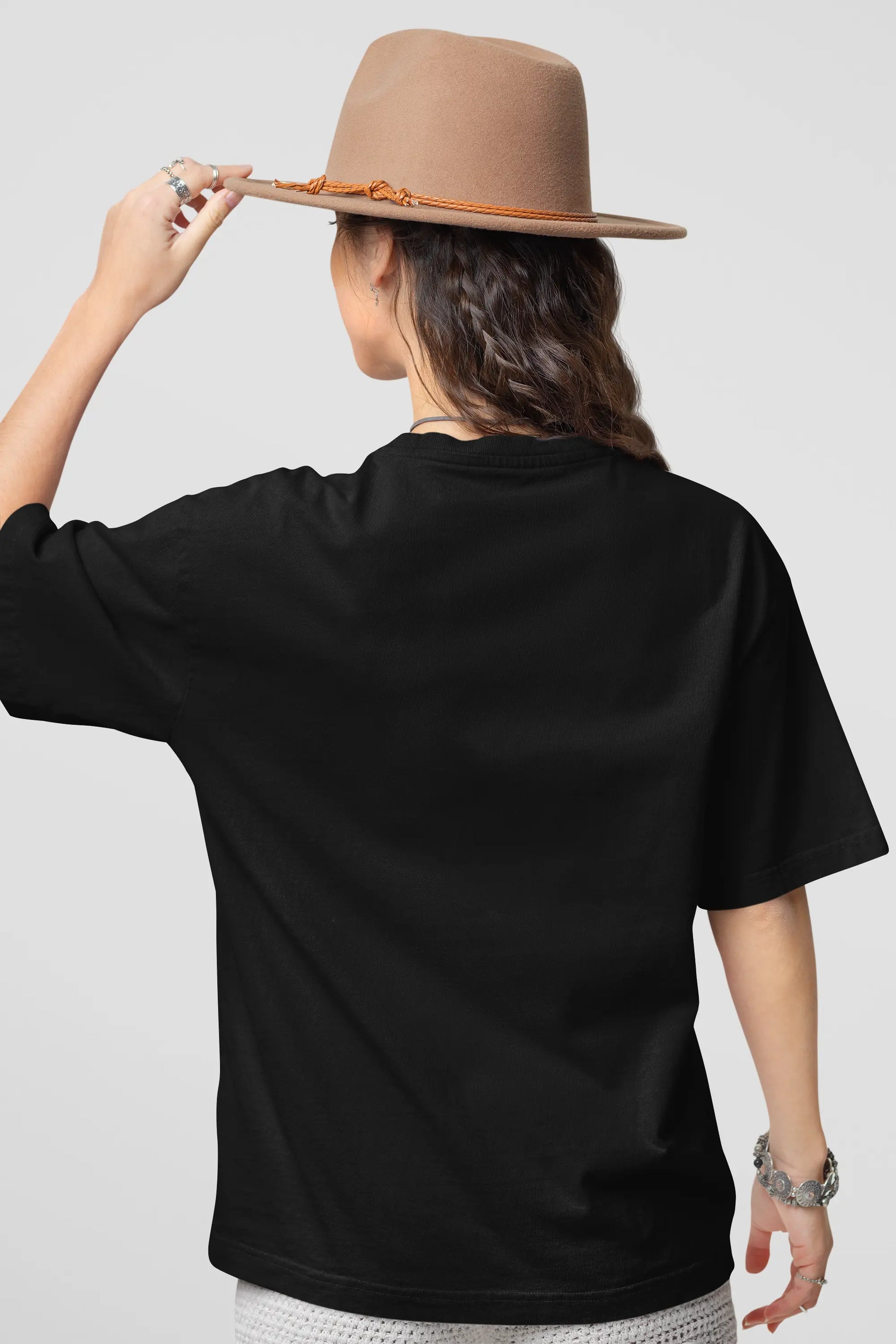 Celestial moon graphic oversized black t-shirt for women back view