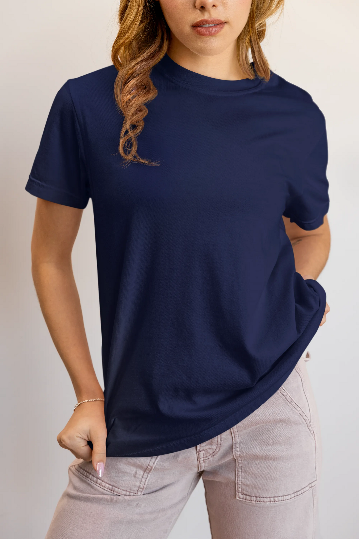 Close-up of heavyweight 220 GSM cotton fabric blue tee