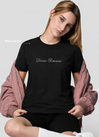 Divine Feminine aesthetic graphic tee in black oversized fit for women