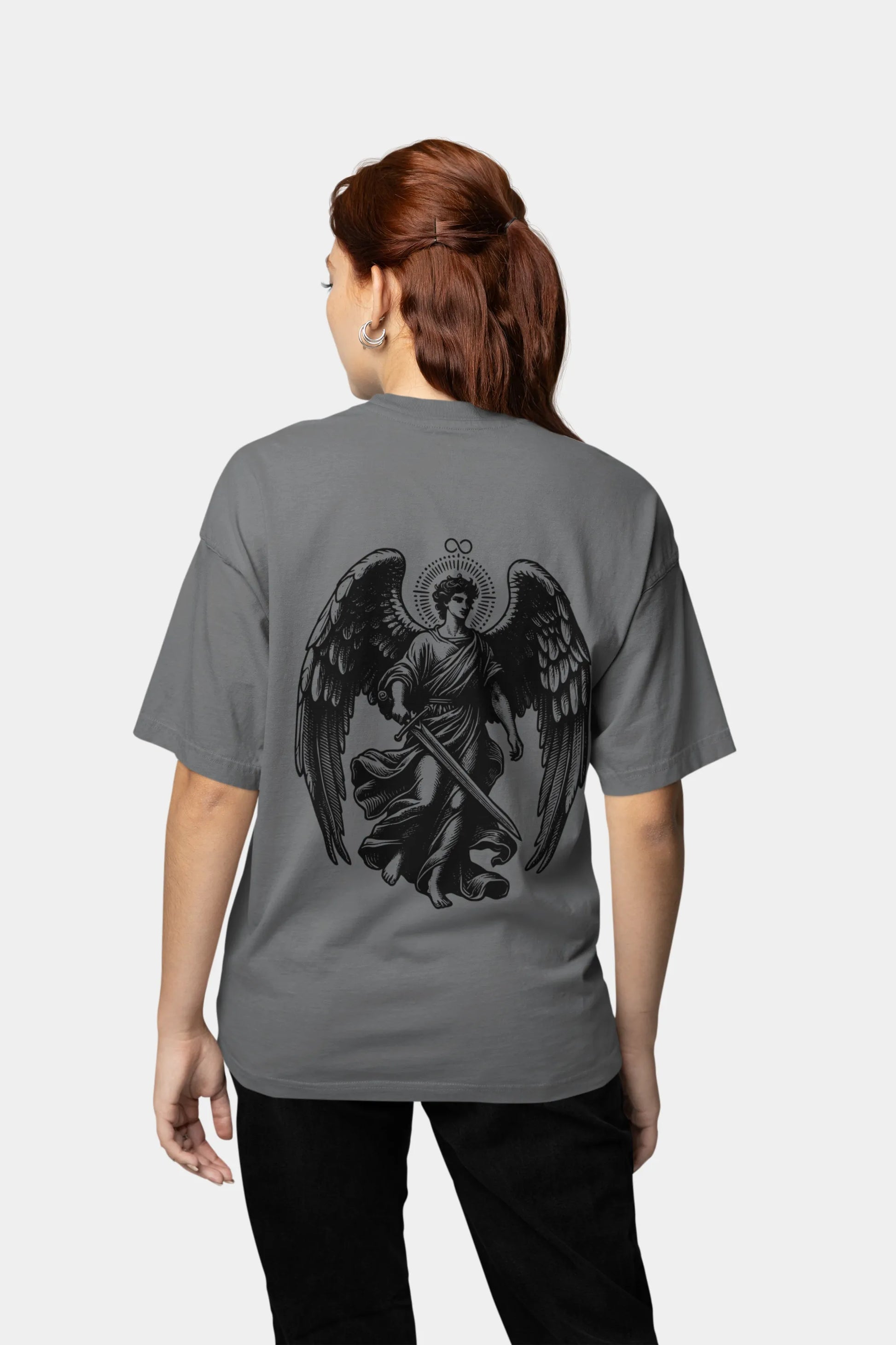 Guardian angel graphic print on oversized streetwear t-shirt