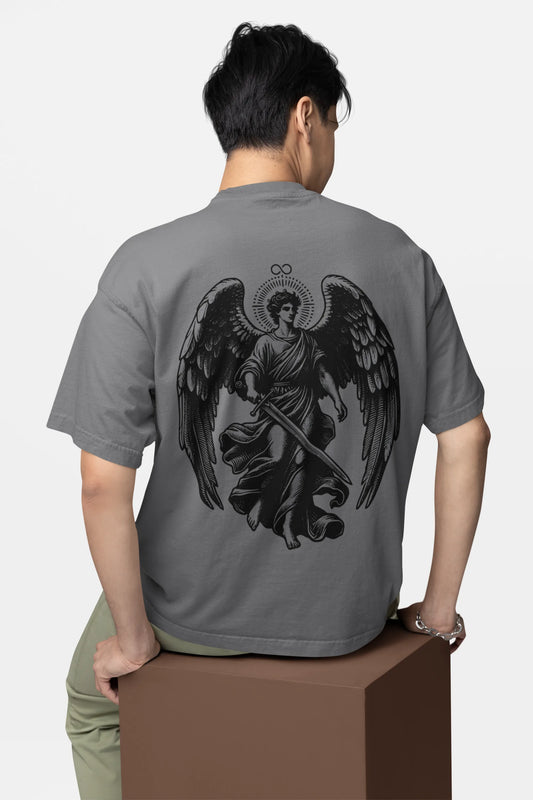 Back guardian angel graphic on oversized streetwear t-shirt