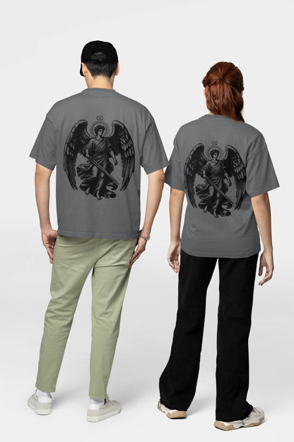 Grey oversized angel graphic t-shirt for men and women
