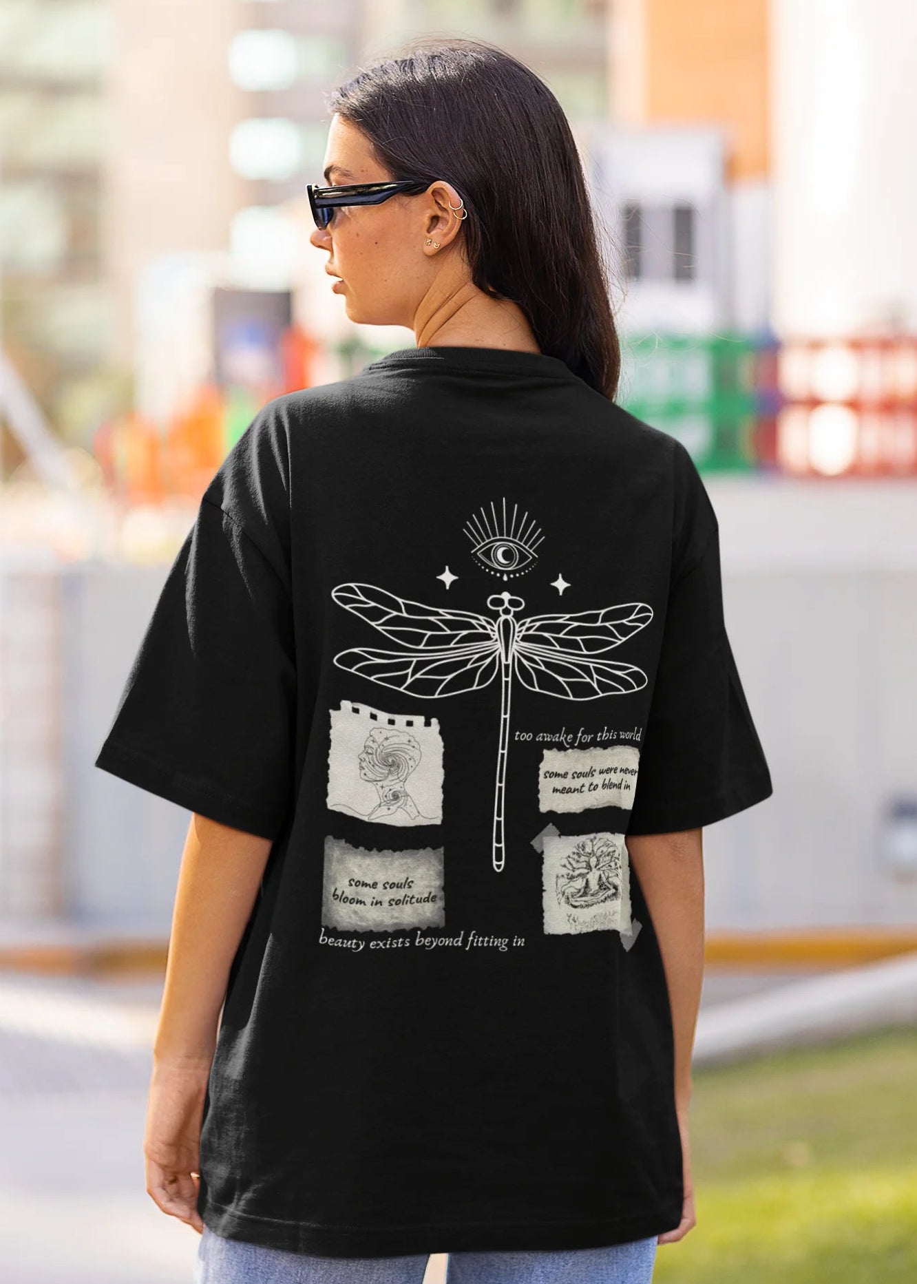 Dragonfly graphic artwork on oversized streetwear t-shirt