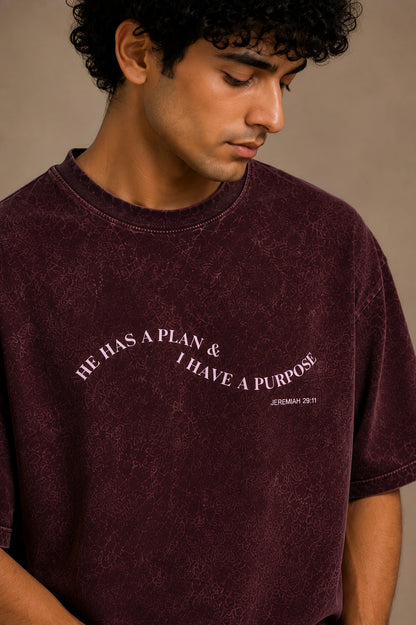 A man wearing a washed dark burgundy t-shirt with the text 'HE HAS A PLAN & I HAVE A PURPOSE' and 'JEREMIAH 29:11' printed on the chest, set against a neutral beige background.