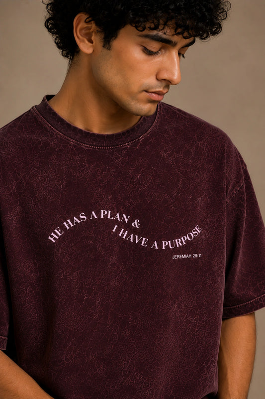 A man wearing a washed dark burgundy t-shirt with the text 'HE HAS A PLAN & I HAVE A PURPOSE' and 'JEREMIAH 29:11' printed on the chest, set against a neutral beige background.