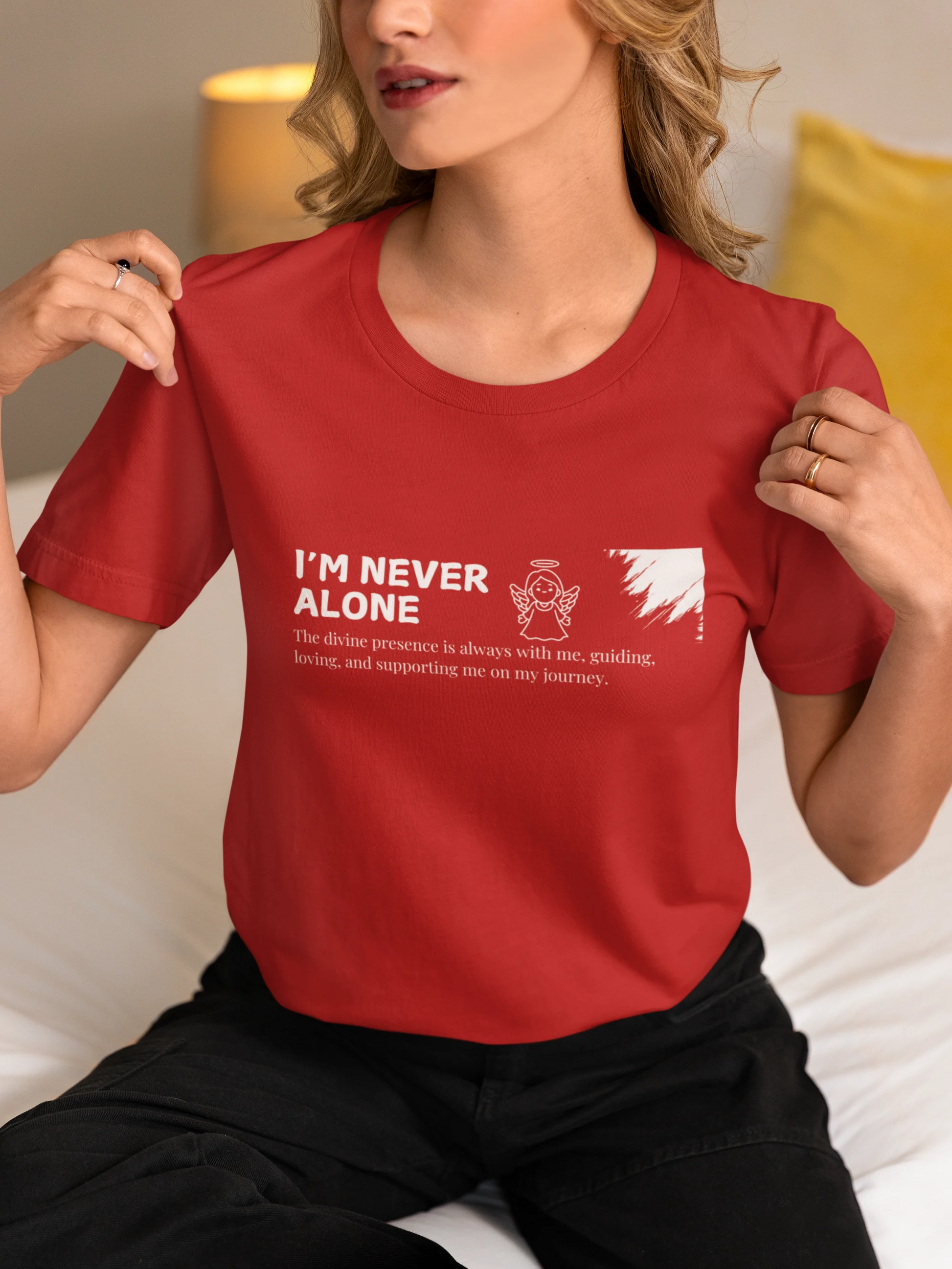 never alone red graphic t shirt unisex angel design regular fit