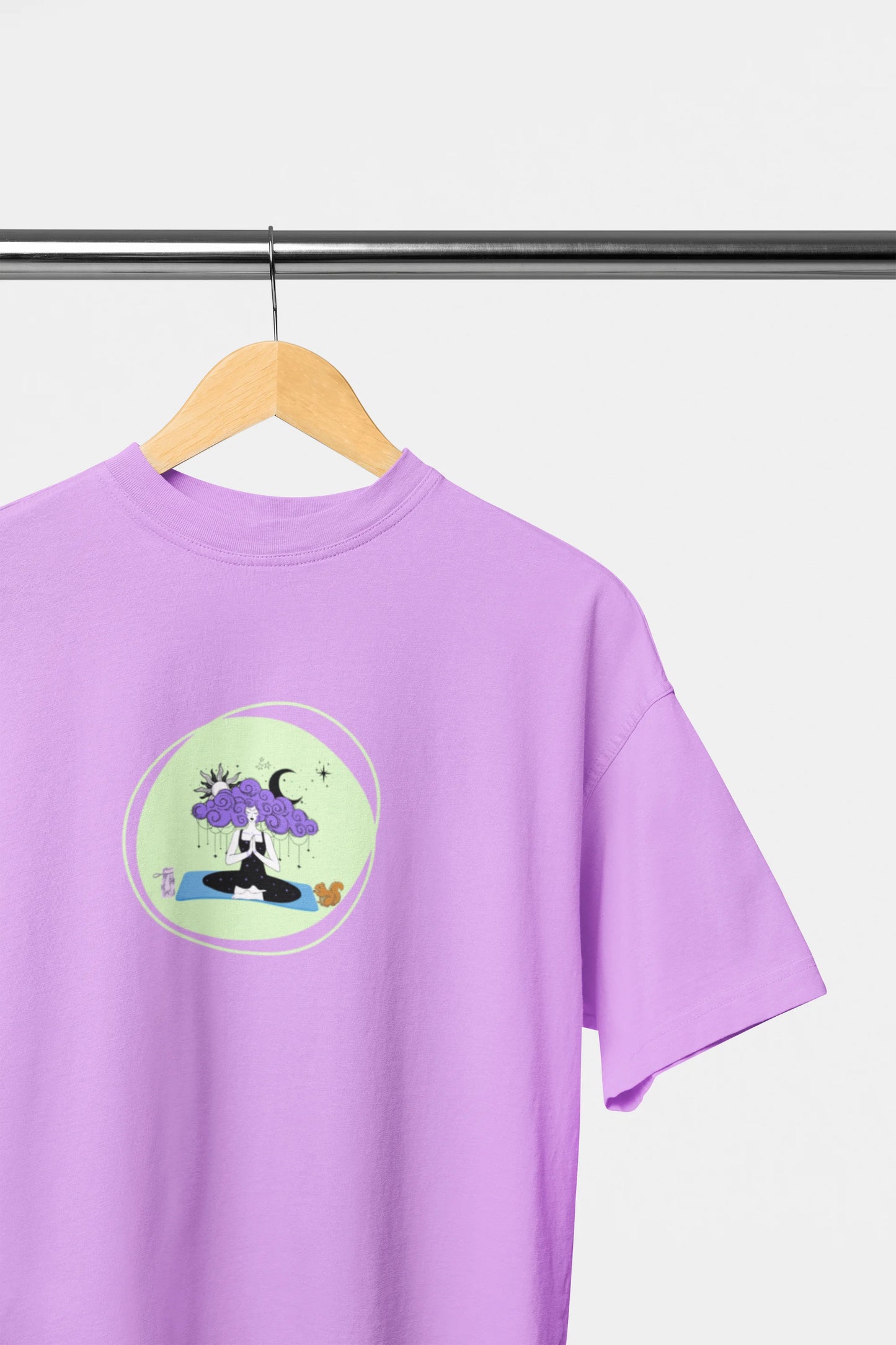 Celestial meditation graphic print on lavender oversized t-shirt