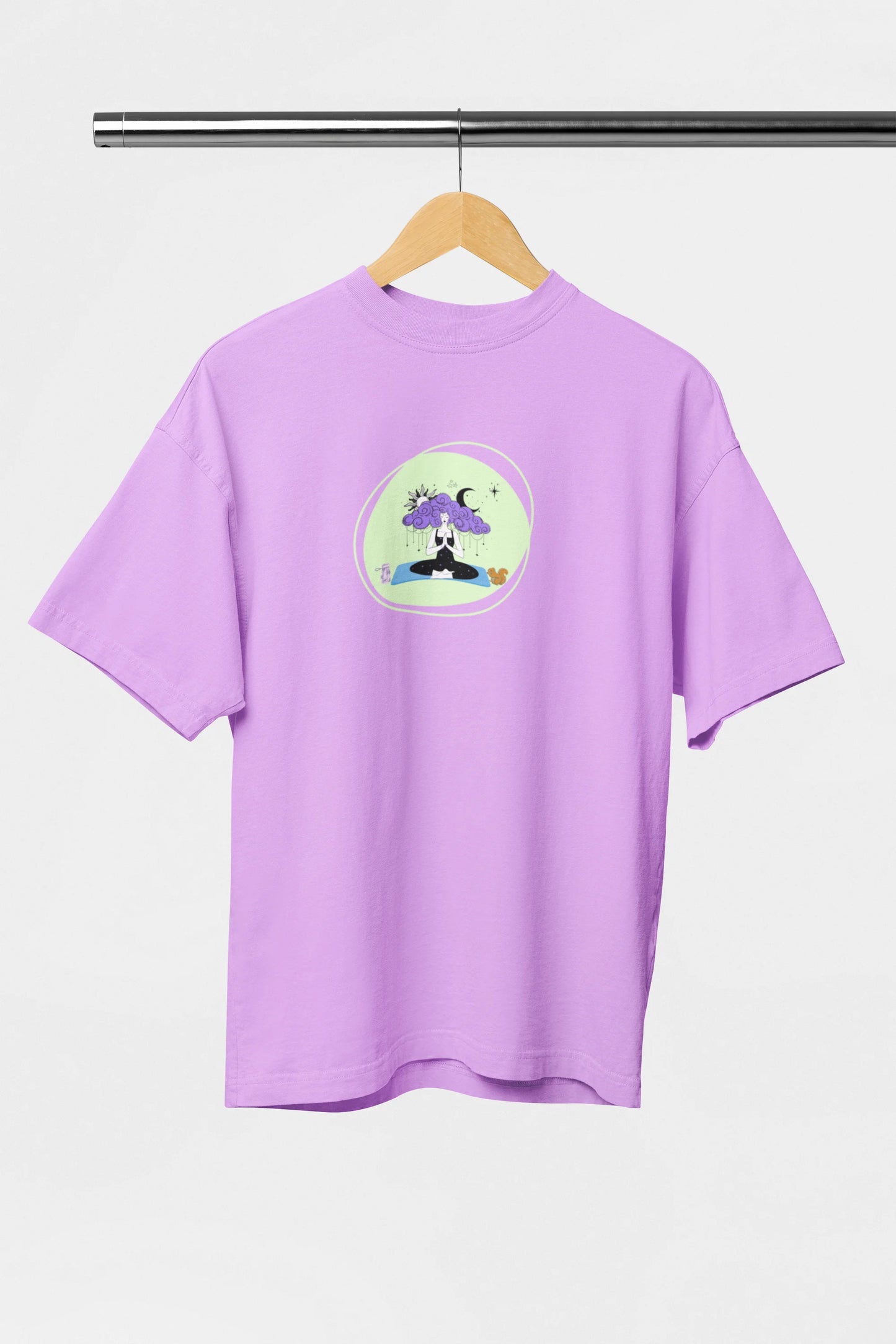 Celestial meditation graphic print on lavender oversized t-shirt