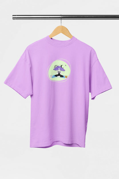 Celestial meditation graphic print on lavender oversized t-shirt