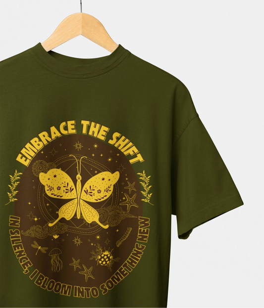 metamorphosis oversized bottle green t shirt butterfly celestial design