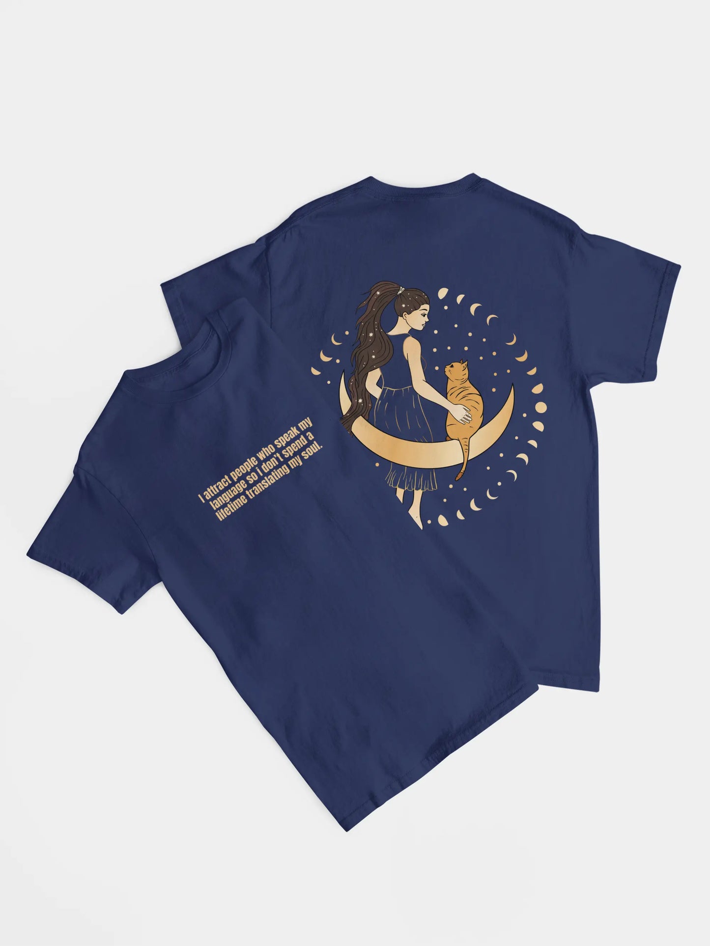 front and Back moon girl graphic on blue aesthetic women’s t-shirt