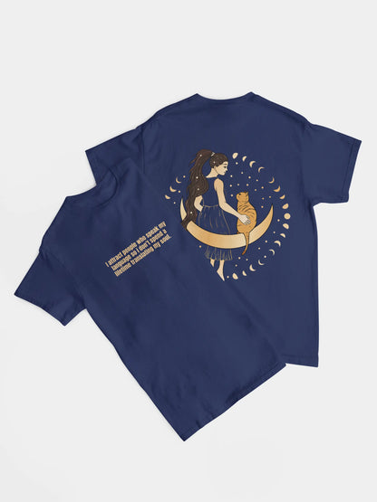 front and Back moon girl graphic on blue aesthetic women’s t-shirt