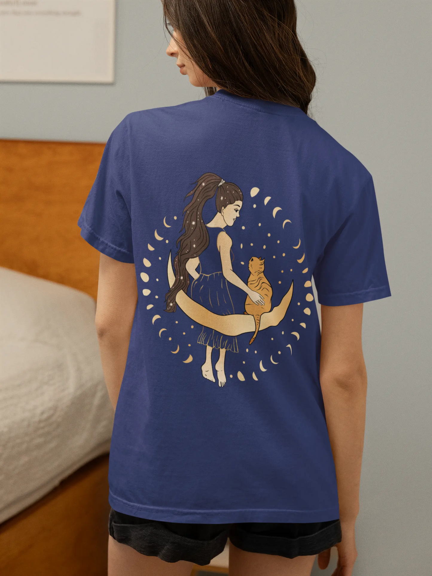 Back moon girl graphic on blue aesthetic women’s t-shirt