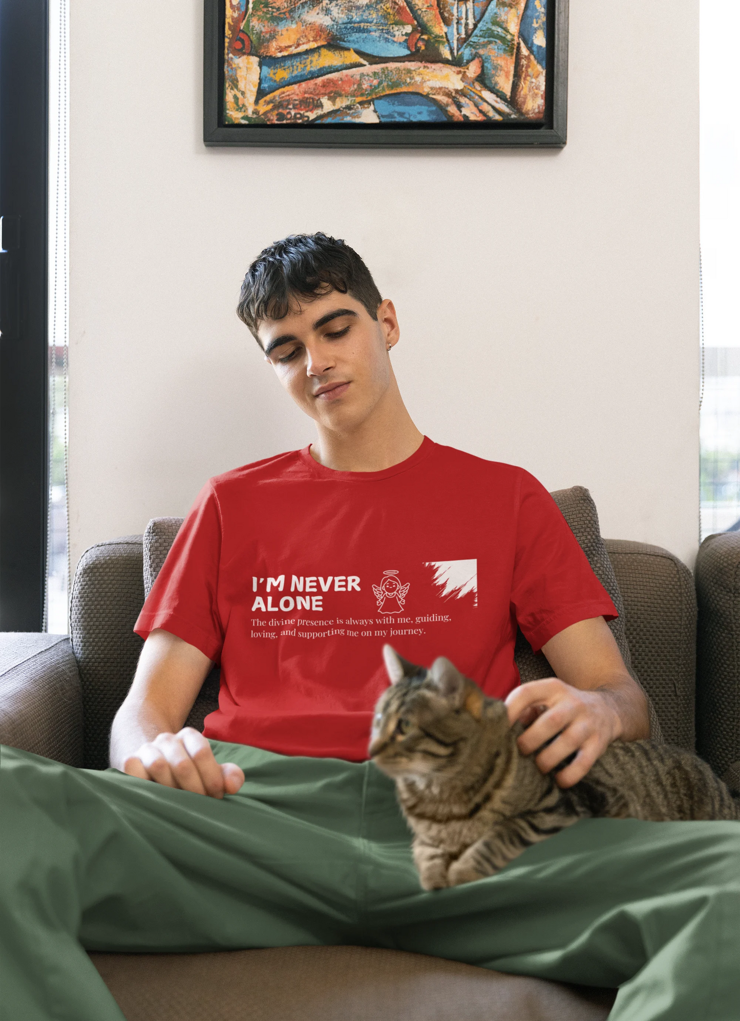 never alone red graphic t shirt unisex angel design regular fit