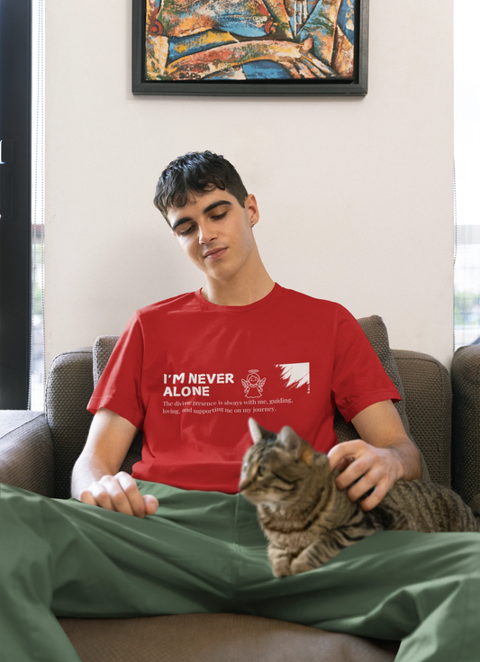 never alone red graphic t shirt unisex angel design regular fit