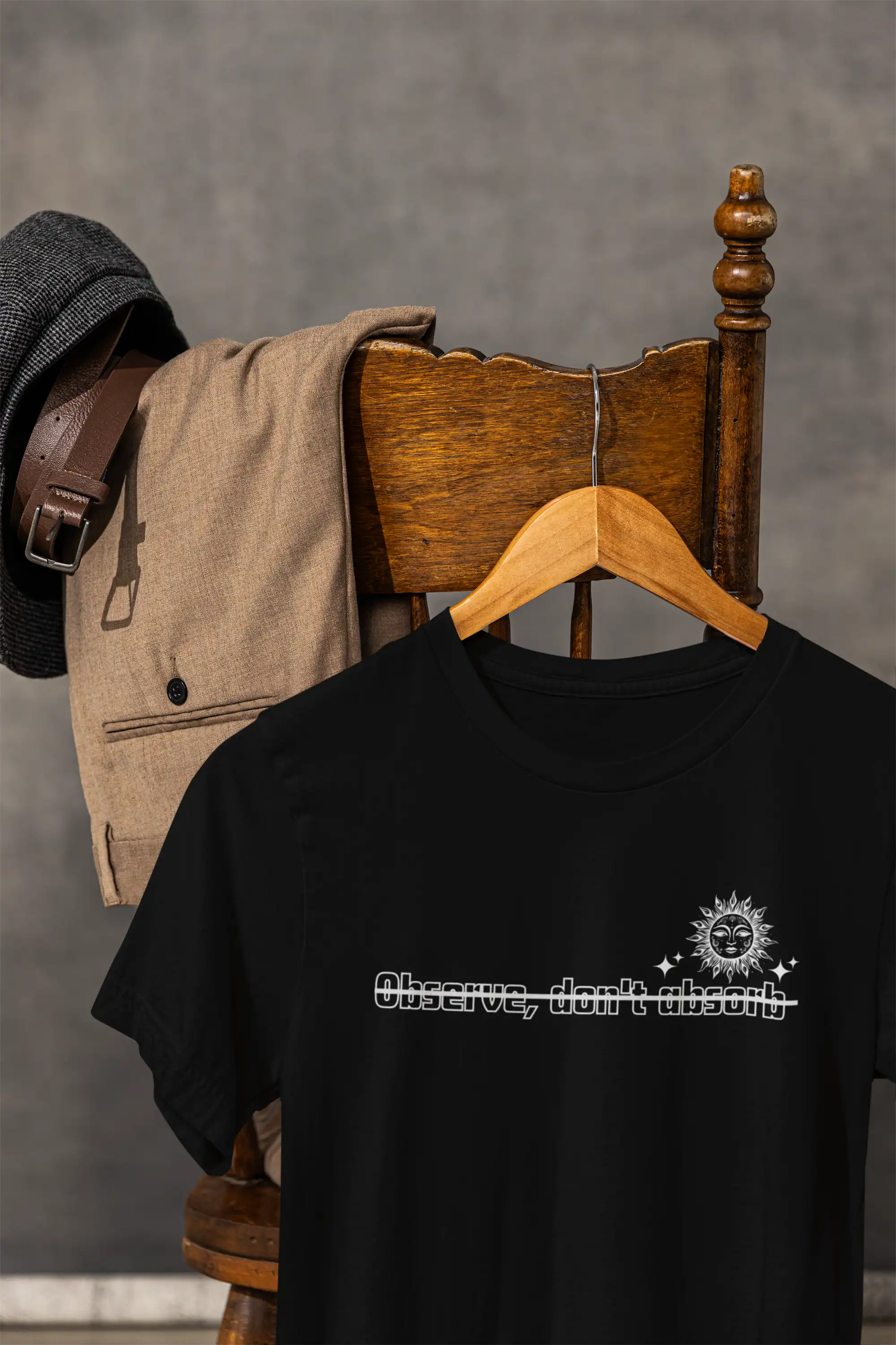 Observe Don’t Absorb statement graphic tee flatlay