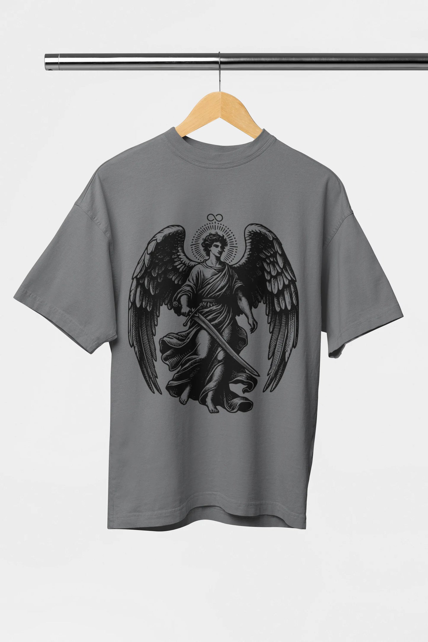Grey oversized angel graphic t-shirt for men and women