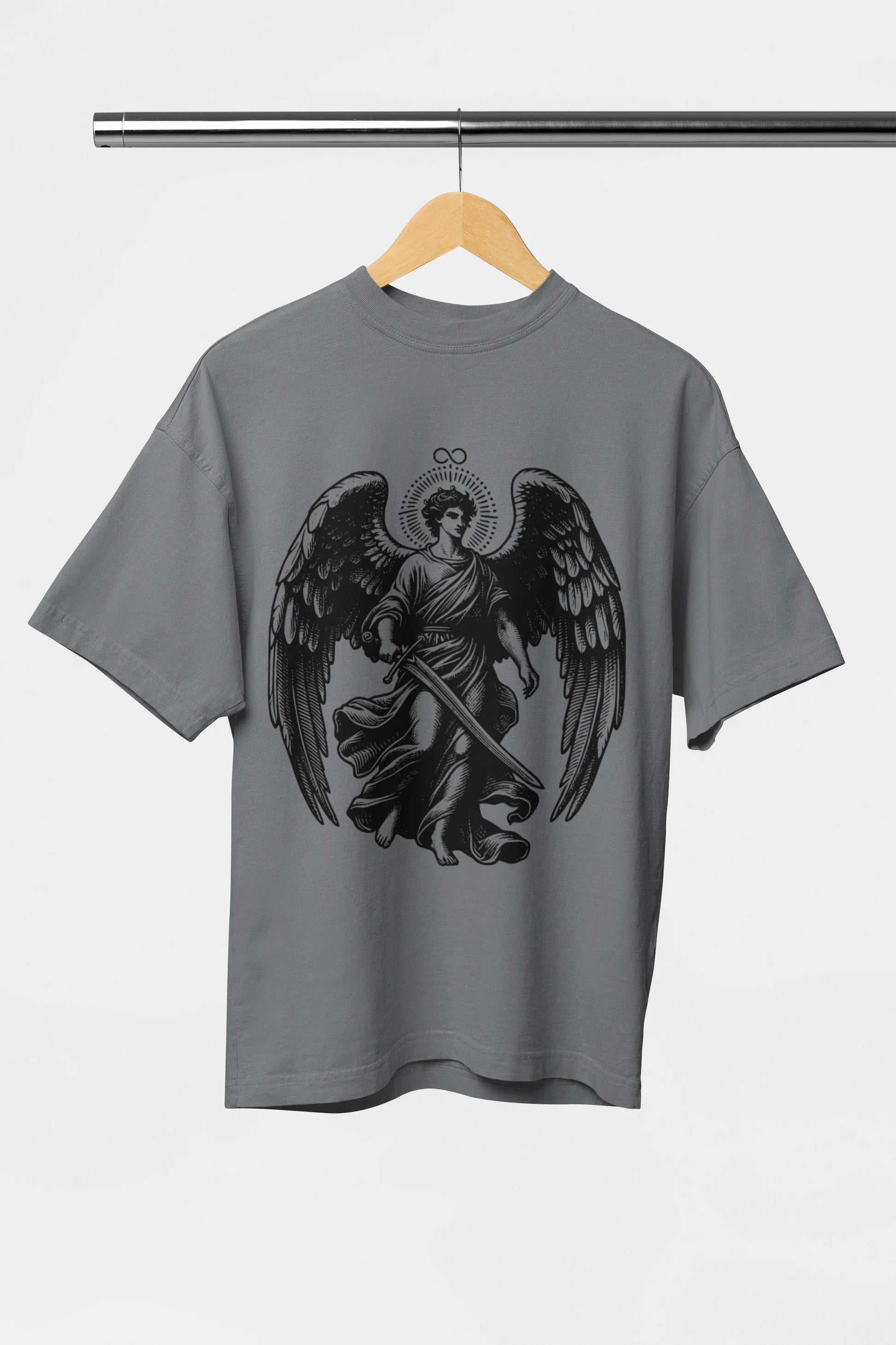 Grey oversized angel graphic t-shirt for men and women
