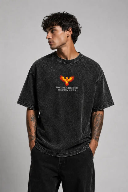 Rise Like A Phoenix FRONT print on oversized black t-shirt