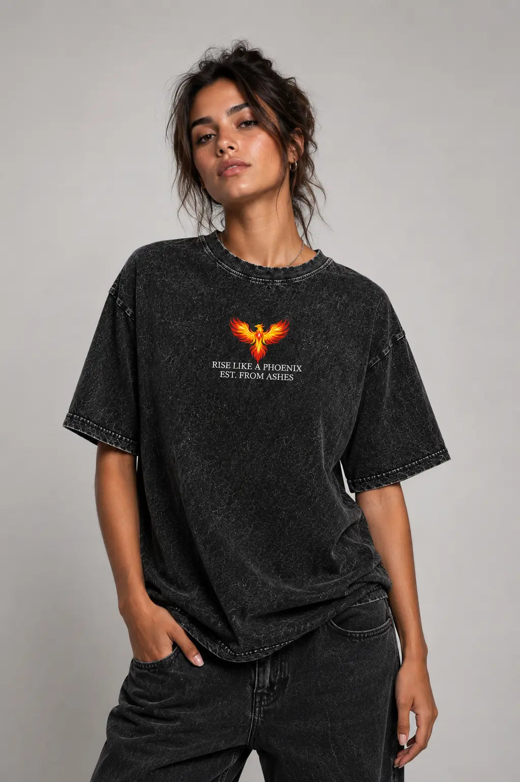 Rise Like A Phoenix FRONTprint on oversized black t-shirt