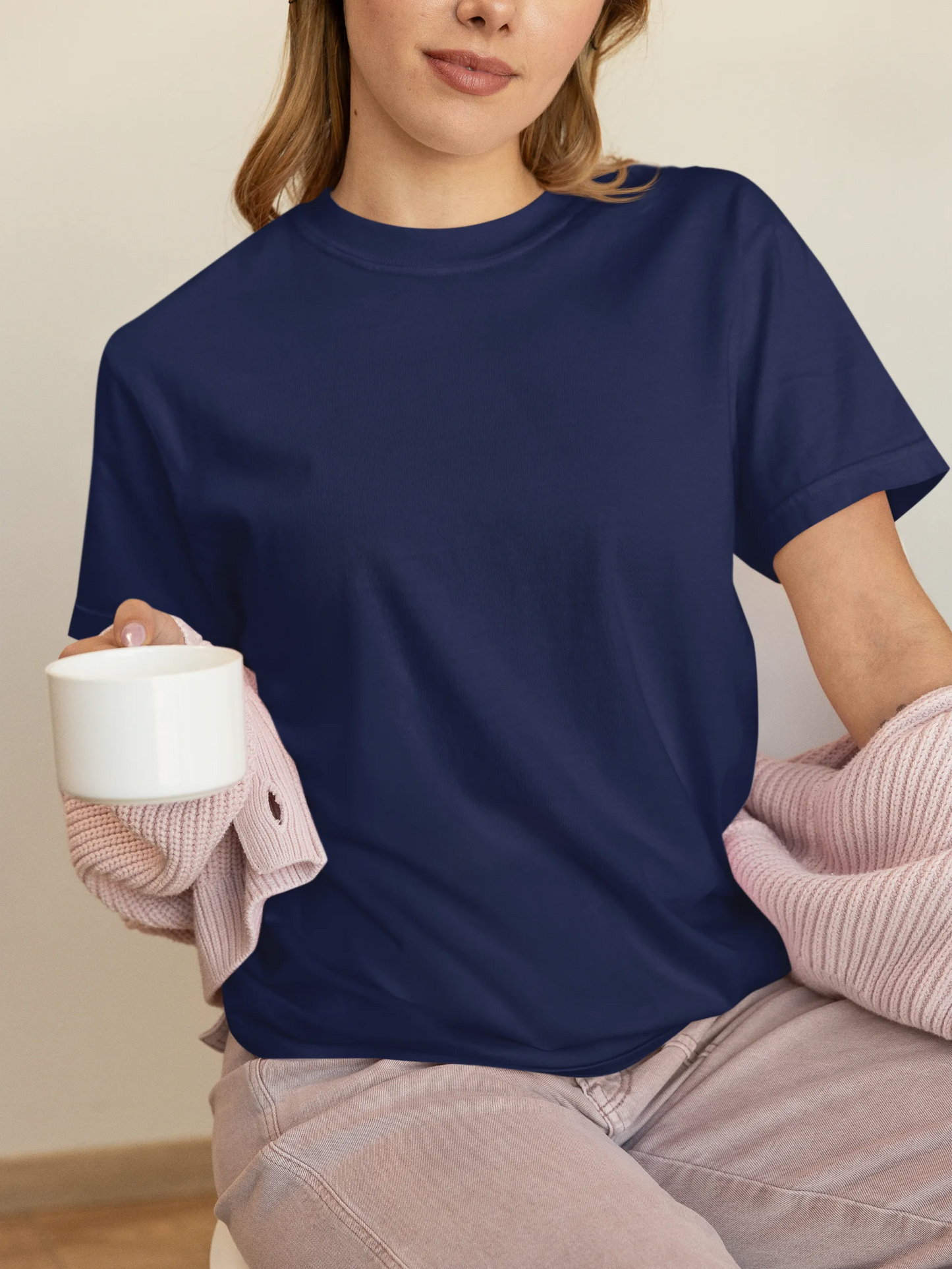 Model wearing classic blue regular fit cotton tee