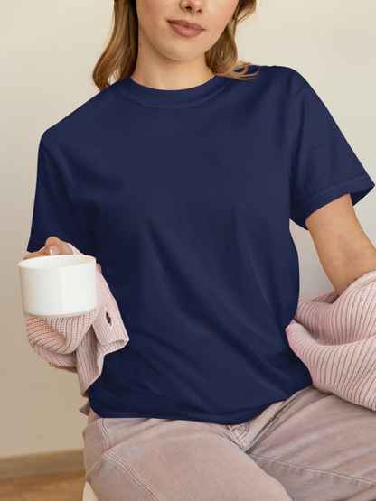 Model wearing classic blue regular fit cotton tee