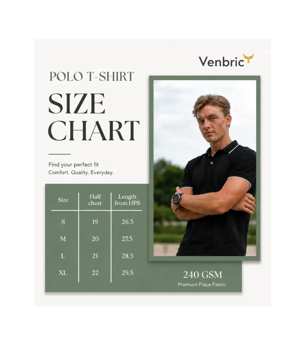 Polo t-shirt size chart with a model wearing a black polo shirt and Venbric branding.