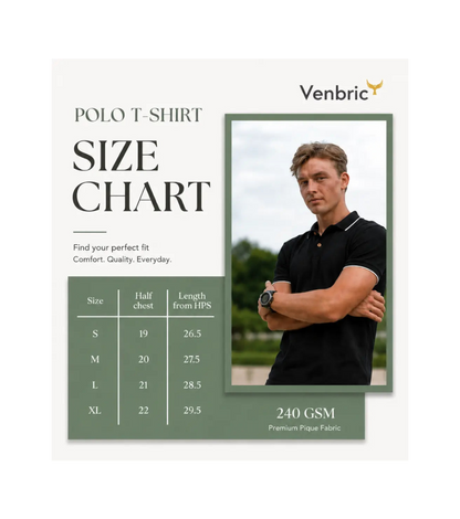 Polo t-shirt size chart with a model wearing a black polo shirt and Venbric branding.