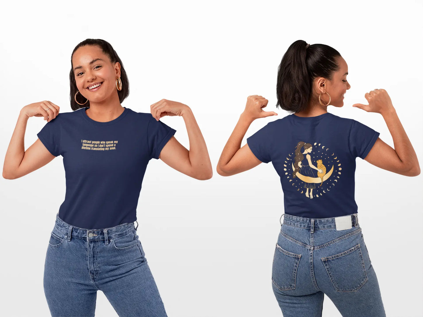 front and Back moon girl graphic on blue aesthetic women’s t-shirt