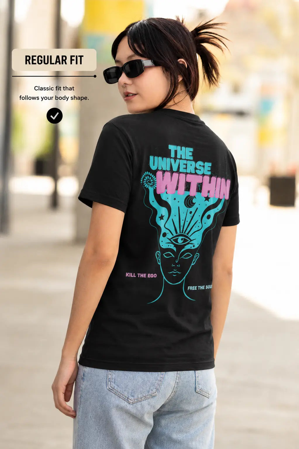 Cosmic graphic print with third eye artwork on oversized t-shirt