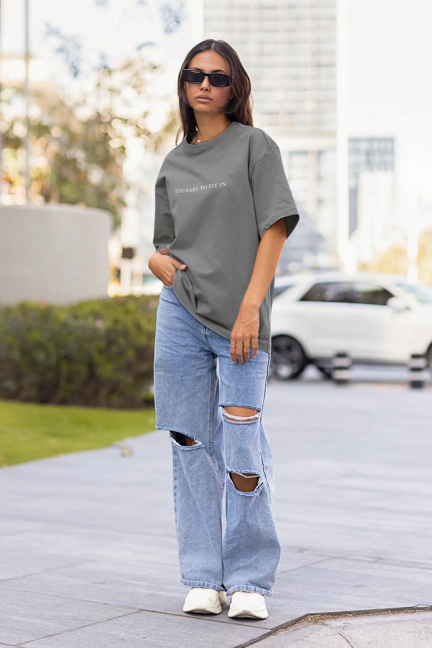 Too Rare To Fit In typography print on oversized t-shirt grey color