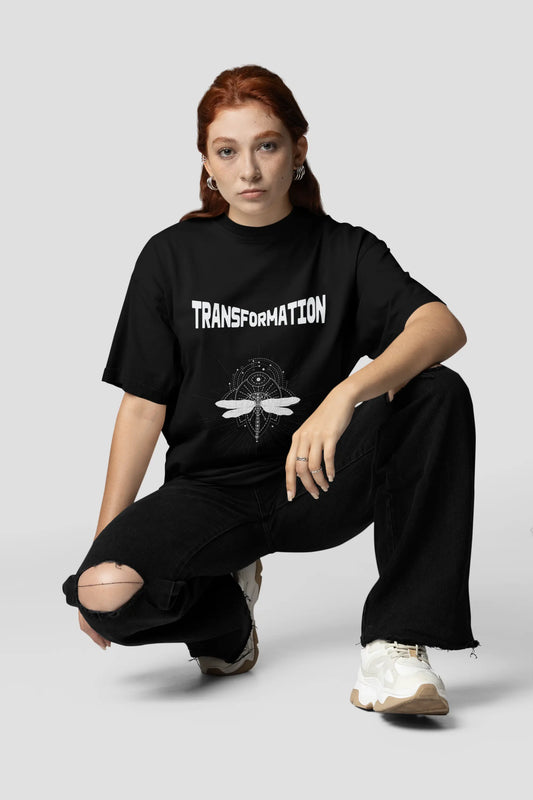 dragonfly transformation oversized black t shirt celestial design