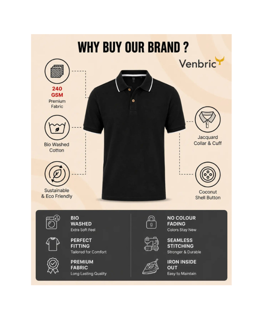 Black polo shirt with features highlighted on a beige background, branded as Venbric.