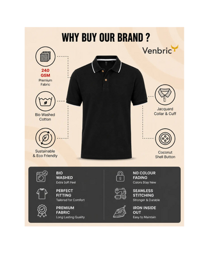 Black polo shirt with features highlighted on a beige background, branded as Venbric.