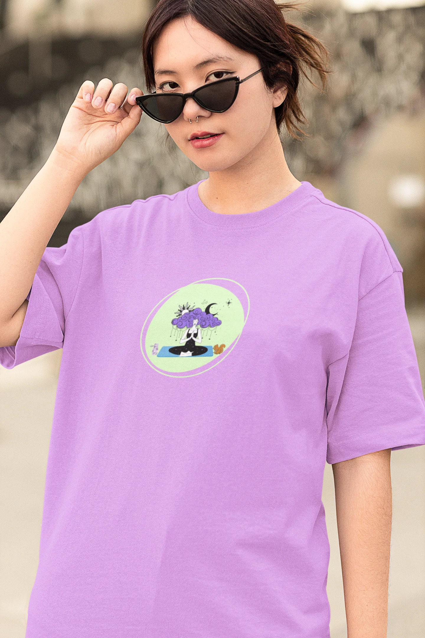 Meditation and celestial inspired graphic artwork on cotton t-shirt